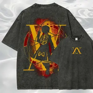 Unisex washed black anime printed T-shirt themed on Hunter × Hunter, casual crew neck short-sleeve top. Features silhouette prints of Kurapika, Gon and Killua along with the "HXH" logo. Ideal for outdoor and street trend styling, versatile for daily wear.