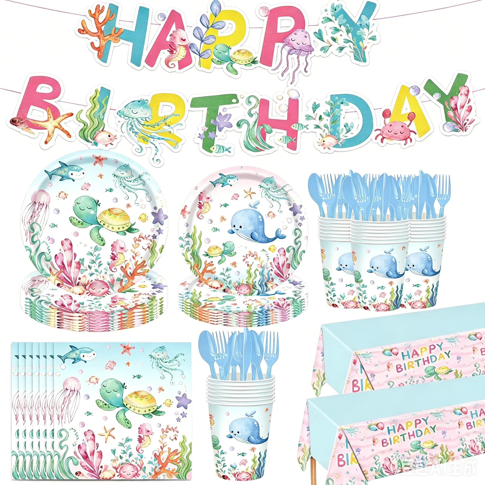 Ocean Theme Underwater World Children's Party Tableware Set - 20 Pieces Disposable Paper Plates, Cups, Napkins for Ocean Animal Parties, Children's Birthday Party