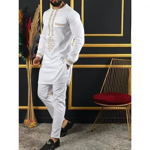 Men’s 2-piece set: luxurious embroidered men’s drawstring solid-color pants, traditional suit; polyester embroidery featuring flowers and geometric patterns; women’s clothing