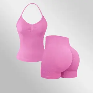 Sports Studio Women's 2-Piece Seamless Yoga Set, Bodycon Vest and Shaping, Long Blue Tank Top, Ideal for Workouts in All Seasons Gym Stretch Impact Shorts High Elasticity