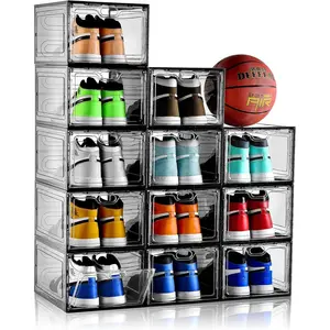 12 Pack Gray Transparent Shoe Organizer, Stackable Shoe Boxes for Closet, Drop Front Shoe Box with Grey Door, Easy to Assemble, Fit up US Size 12(13.4"x 9.8"x 7.1")