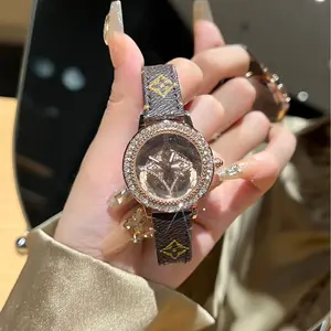 Trendy new diamond-encrusted digital women's watch with luminous hands and leather strap.