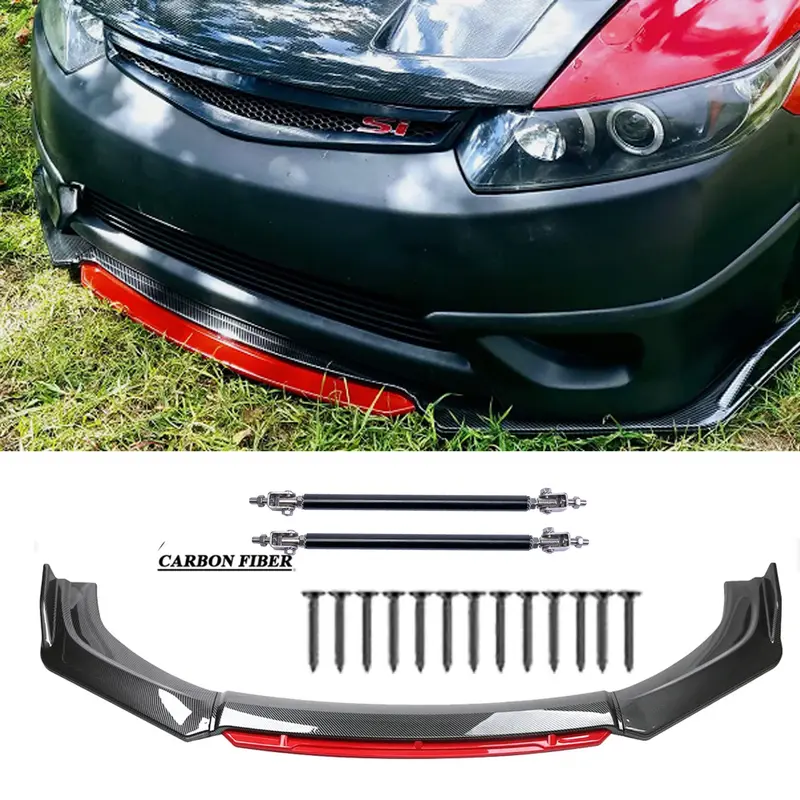 Carbon-Fiber Look Front Bumper Lip Splitters for Honda Civic Si Coupe 2006-2015, Red Auto Decoration Front Spoiler Chin Diffuser, Includes Screws