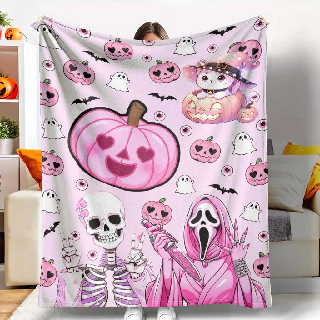 Pink Halloween Flannel Blanket Cute Pumpkin Ghost Cat Witch and Skeleton Pattern Soft Cozy Plush Throw Warm Lightweight Decorative Blanket for Sofa Bedroom Living Room Holiday Party Gift Use