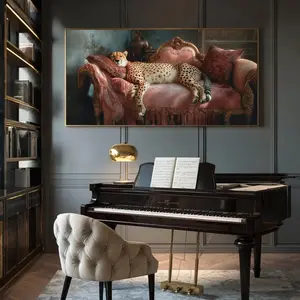 Cheetah on Pink Sofa Panoramic Canvas Art - Dark Romantic Digital Artwork, Maximalist Home Decor, Leopard Wall Art
