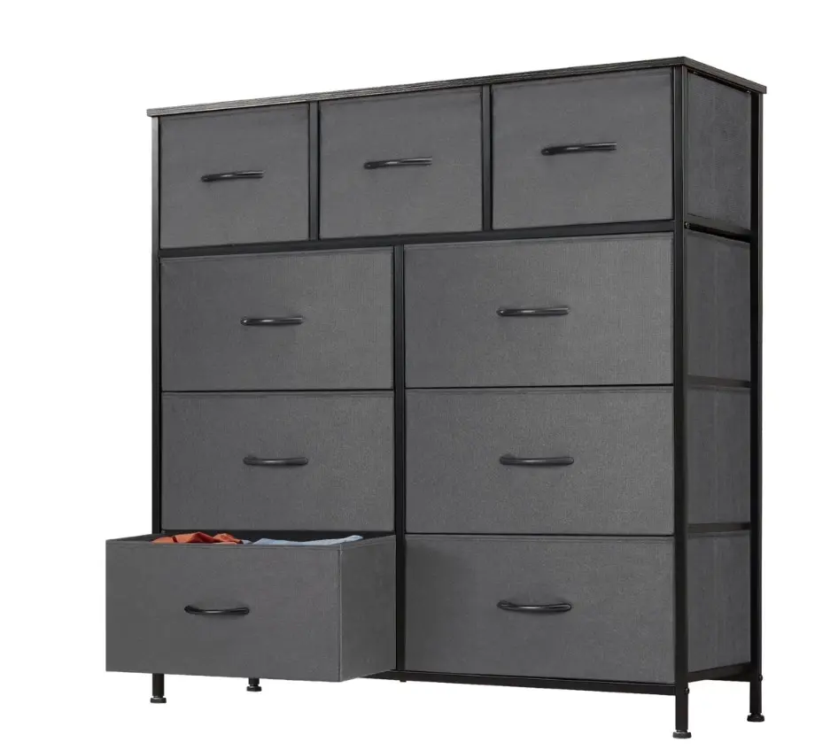 9 Drawer Dresser, Wide Chest of Drawers Nightstand Storage Tower Storage Fabric Dresser with Wood Top for Living Room, Bedroom, Hallway,Grey