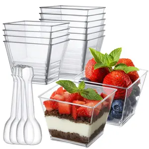 50 Pack Clear Square Mini Dessert Containers with Spoons, Appetizer Holders, Parfait Cups, Tumblers for Mousse, Puddings, Party Supplies