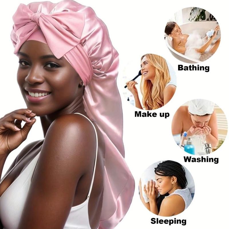 Silk 2pcs Long Hair Bonnets for Sleeping - High-Quality Satin Material with Soft Feel for Comfortable Sleepwear Haircare Black+ Pink Heatless