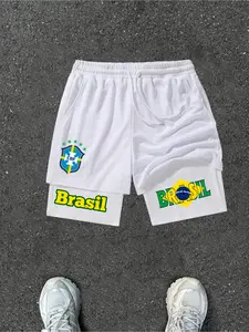 Men's Brazil Cbf Soccer Graphic Mesh Shorts, Quick-Dry Elastic Comfort, Sporty Fitted Design, Ideal for Casual & Workout, All Seasons