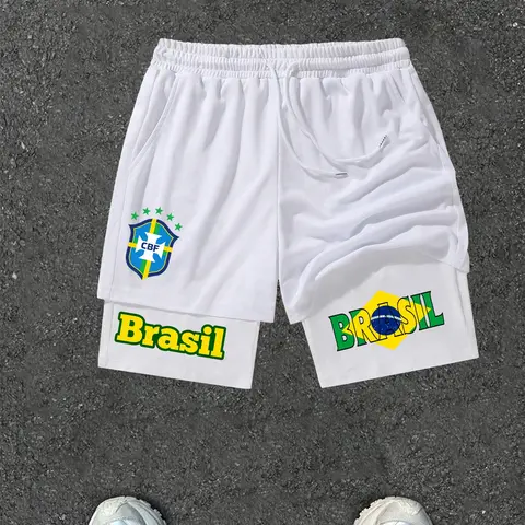 Men's Brazil Cbf Soccer Graphic Mesh Shorts, Quick-Dry Elastic Comfort, Sporty Fitted Design, Ideal for Casual & Workout, All Seasons