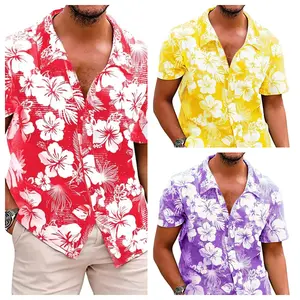 Men's Hawaiian Shirt Tropical Hibiscus Floral Print Short Sleeve Button Down, Breathable 4-Way Stretch Beach Vacation Resort Shirt