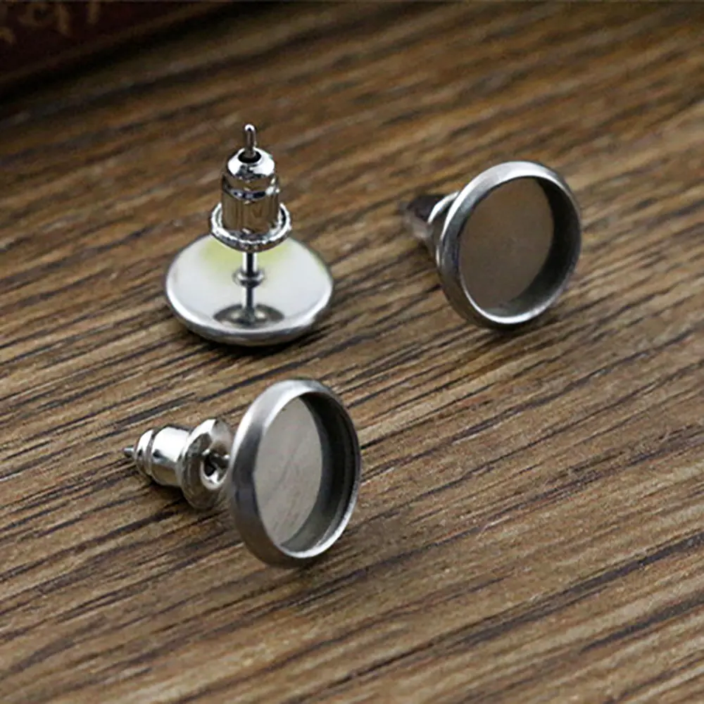 (Never Fade) 20pcs 6mm 8mm 10mm Stainless Steel Earring Base Studs Ear Cameo Settings Cabochon Base Tray Blank (With Back)