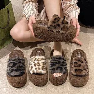 8cm Sexy Leopard Cross Women Winter Warm Furry Slippers warm shoes for women 2024 platform outside slides