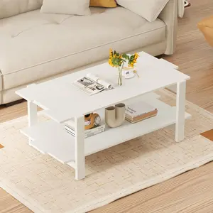 COSTWAY 2-Tier Wood Coffee Table with Slatted Design, Modern Center Table with Storage Shelf & Side Rail Support, 45" Rectangular Living Room Table for Small Spaces, White/Black/Walnut