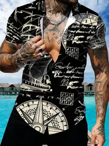 Men's Short Sleeve Shirt Collared Casual Vintage Nautical Compass Ship Print