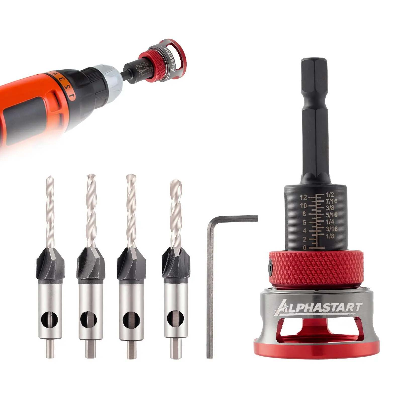 ALPHASTART Countersink Drill Bit Set with Depth Stop 4PCS, HCS Four Blades Countersink Bits with Adjustable Depth Stop and L Shape Wrench, Wood Countersink Bit Set for Wood, Plastic, Woodworking