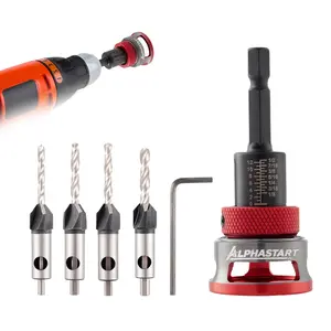 ALPHASTART Countersink Drill Bit Set with Depth Stop 4PCS, HCS Four Blades Countersink Bits with Adjustable Depth Stop and L Shape Wrench, Wood Countersink Bit Set for Wood, Plastic, Woodworking