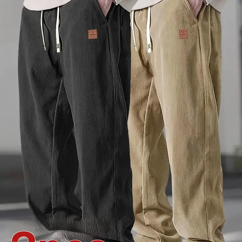 Men's Autumn Woven Corduroy Casual Pants (2 Pairs) - Plain, Heavyweight 100% Polyester Menswear, Loose Straight-Leg, Drawstring Waist for Custom Fit