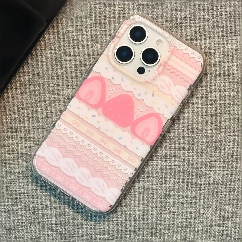 Cute Strawberry Cake Cream Powder Phone Case for iPhone 17/16/15/14 Pro Max - Floral Soft Back Cover with Full Screen Protection