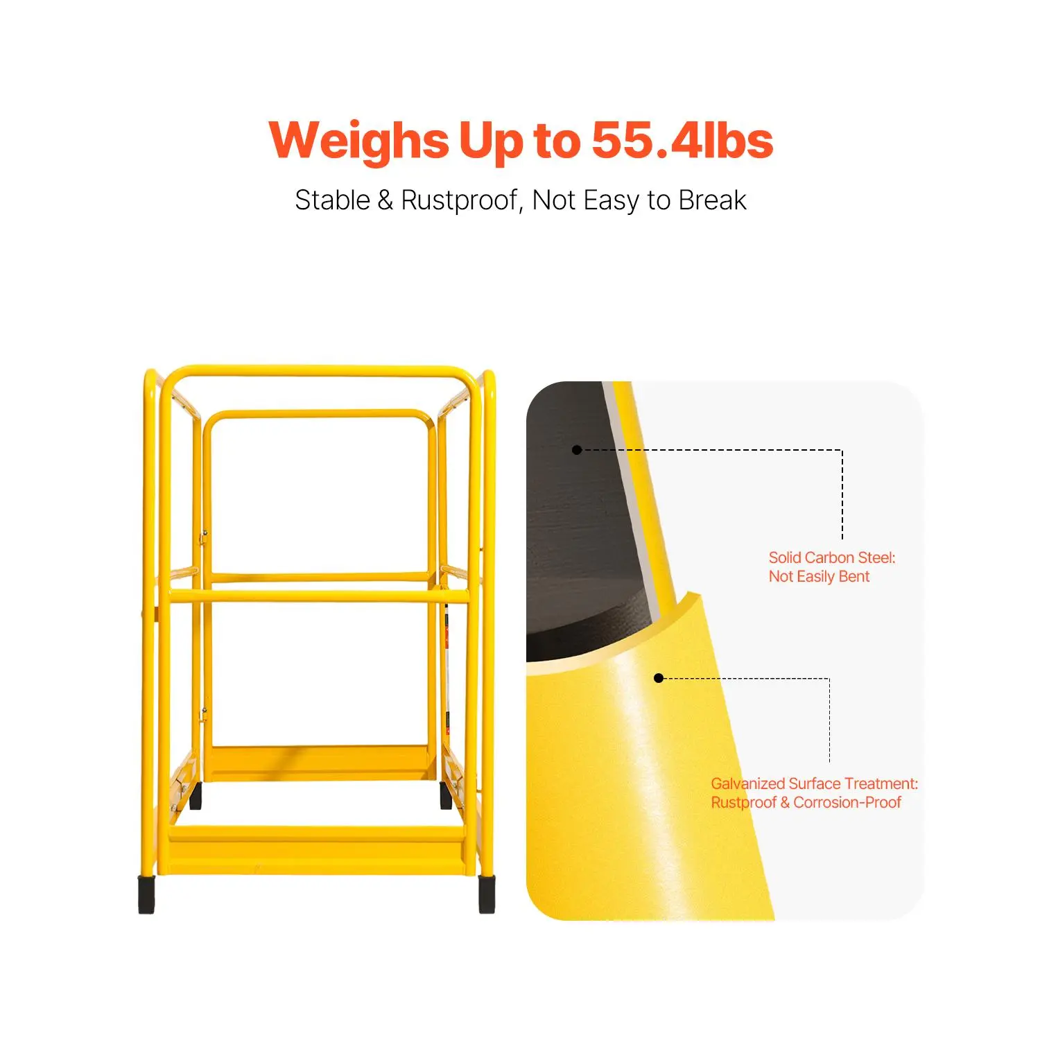 6 ft Rustproof Solid Carbon Steel Scaffolding Safety Guardrail, 55.4 lbs Load Capacity Baker-Style Metal Accessory for Scaffolding Platform, Yellow