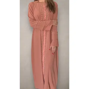 Front Zipper Pearl Abaya Peach