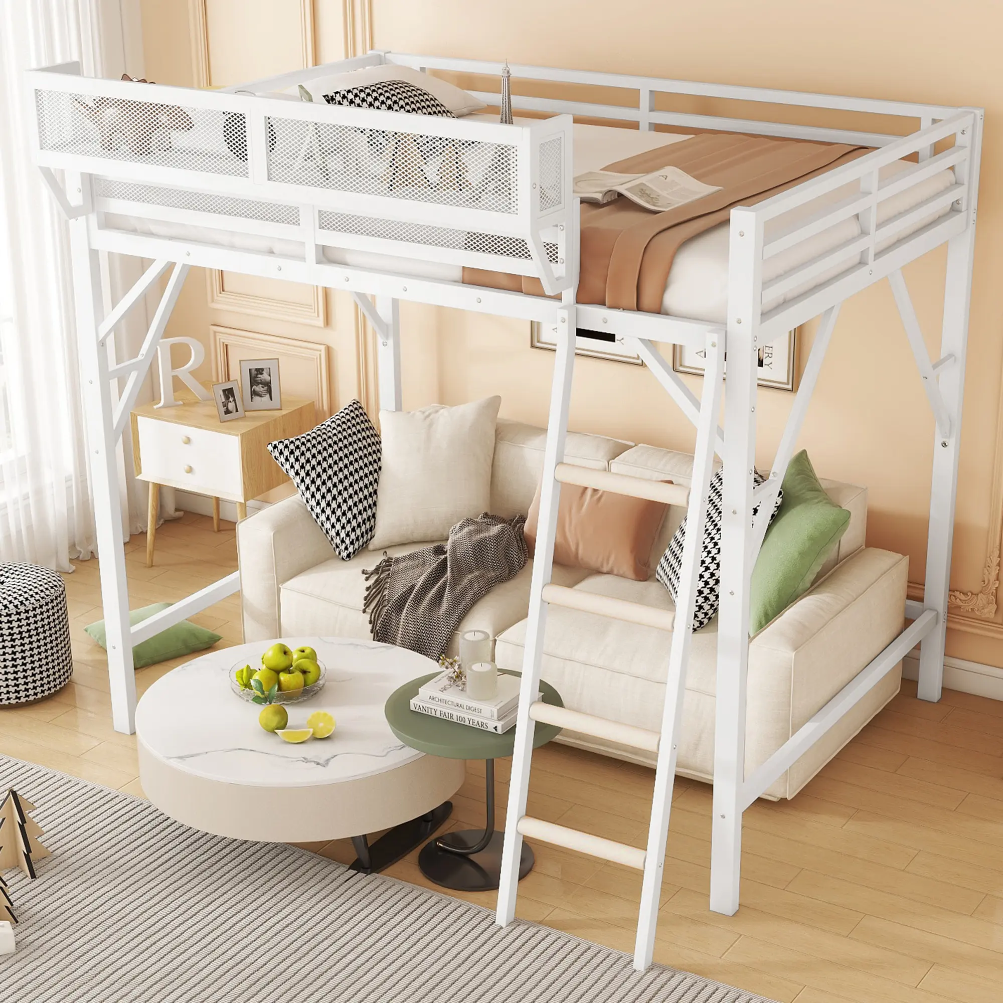 Bellemave Full/Queen Size Metal Loft Bed Frame - Durable Structure, Ladder, Storage Shelves, Adjustable Upholstered Headboard for Kids