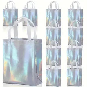 Holographic Gift Bag with White Handle, 12pcs/set Reusable Waterproof Non-woven Tote Bag, Eco-friendly Recyclable Gift Bag Set, Candy Bag for Party Favors