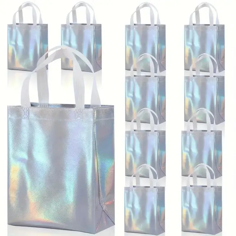 Holographic Gift Bag with White Handle, 12pcs/set Reusable Waterproof Non-woven Tote Bag, Eco-friendly Recyclable Gift Bag Set, Candy Bag for Party Favors, Party Favor Bags, Party Goodie Bags