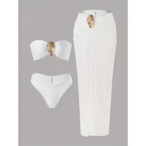 3pcs Women' Elegant Full Bikini Swimsuit - Strapless Neck Bathsuit with Removable Chest Pad, Metal Decoration, Beachwear Suitable for Women