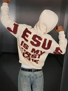 Men's Street Style Knit Hoodie with Jesus Graphic Print, Casual Fitted Design for Outdoor Music Festivals & Nightclubs, Perfect Gift Idea