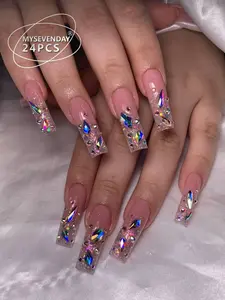 24 Long Coffin-Shaped Press False Nail Pieces, Crystal Sparkling Diamond Gradient Sweet And Cool French-Style Women'S Nail Patches, A New Fashion For Fingertips. Comes With 1 Piece Of Jelly Glue And 1 Piece Of Twisted Strip, Suitable For Women'S Parties,