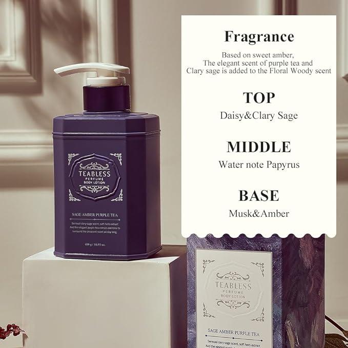 TEABLESS Perfume Body Lotion Sage Amber Scent, Herbal Ceramides, Anthocyanins,Soothe&Moisturize the skin. 16.9Fl Oz 480g