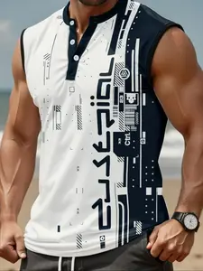 Men's Regular Fit Geometric Print Tank Top, Casual Streetwear Tops, Casual Comfy Breathable Sleeveless Top for Gym Workout Running, Fashion Men's Clothes for Summer, Menswear