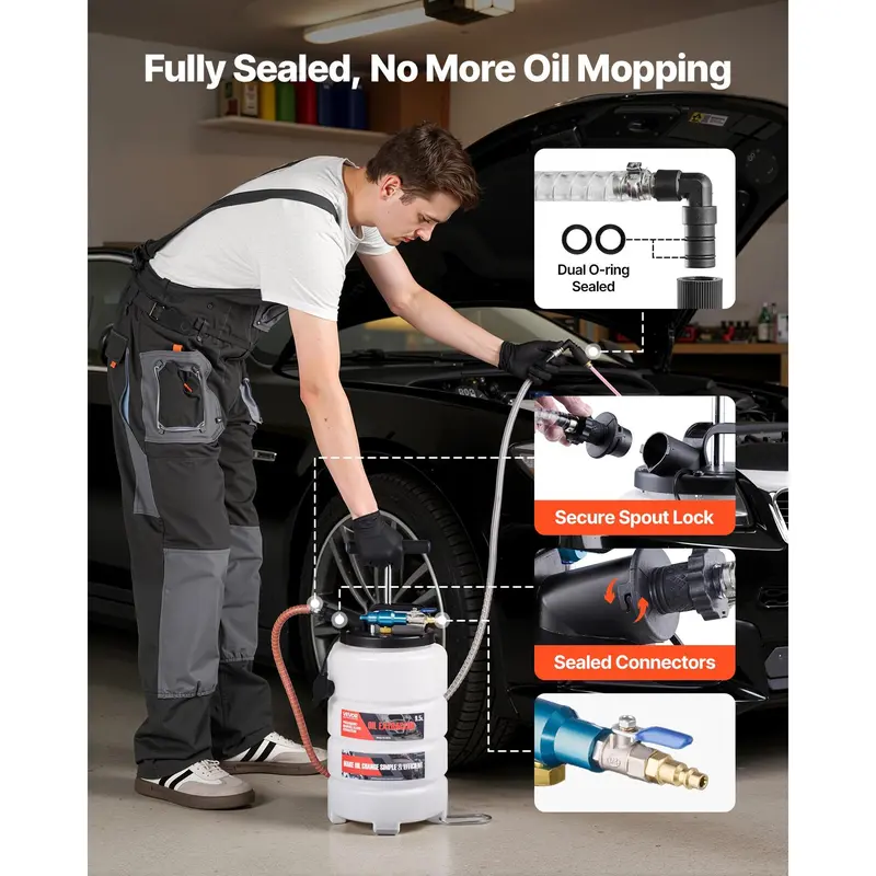 VEVOR 9.5L Manual/Pneumatic Vacuum Oil Extractor Pump, 59in Long Horse Brake-Fluid Hose, 3x47in Ext Tubes, Durable PE Tank, Airtight No-Drip Seal for Oil Change, Cars, Lawn Equipment