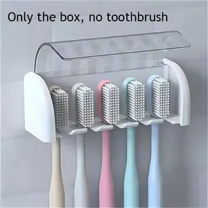 5-Slot Toothbrush Holder with Lid, 1 Count Self-Adhesive Wall-Mounted Toothbrush Storage Rack, Dustproof Toothbrush Holders for Dormitories and Showers, Bathroom Supplies