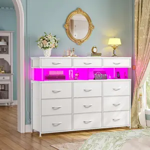 Raybee White Dresser for Bedroom with Charging Station & LED Lights 12 Fabric Drawers Storage Organizer 10mm Acrylic Sheet Stylish Space-Saving Design