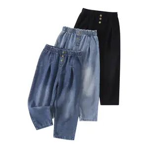 3-piece girls fall/winter fashion Joker jeans children's elastic waist casual high-waisted jeans