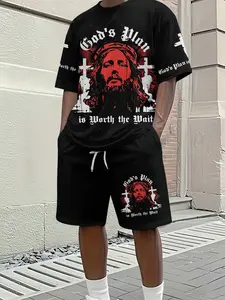 Men's 3D Digital Print Two-Piece Set, Religious Style Jesus Cross Red and Black Print Trendy Men's Set, Vacation Style Trendy Outfit, Breathable Sports Leisure Style, Perfect Holiday Gift for Men
