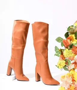 Brown Leatherette Pointed Toe Knee-High Boots