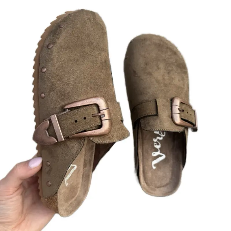 Women's Slip On Mule with Western Buckle Suede Shoe Sandal - Comfortable & Stylish Design