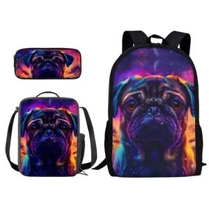 Kuiaobaty Galaxy Pug Dog Pattern Bookbag Set of 3 with Lunch Bags and Pencil Case Set Elementary School Backpack for Kids Girls Boys Teens Large Schoolbags Bagpack Rucksack Travel Outdoor Daypack