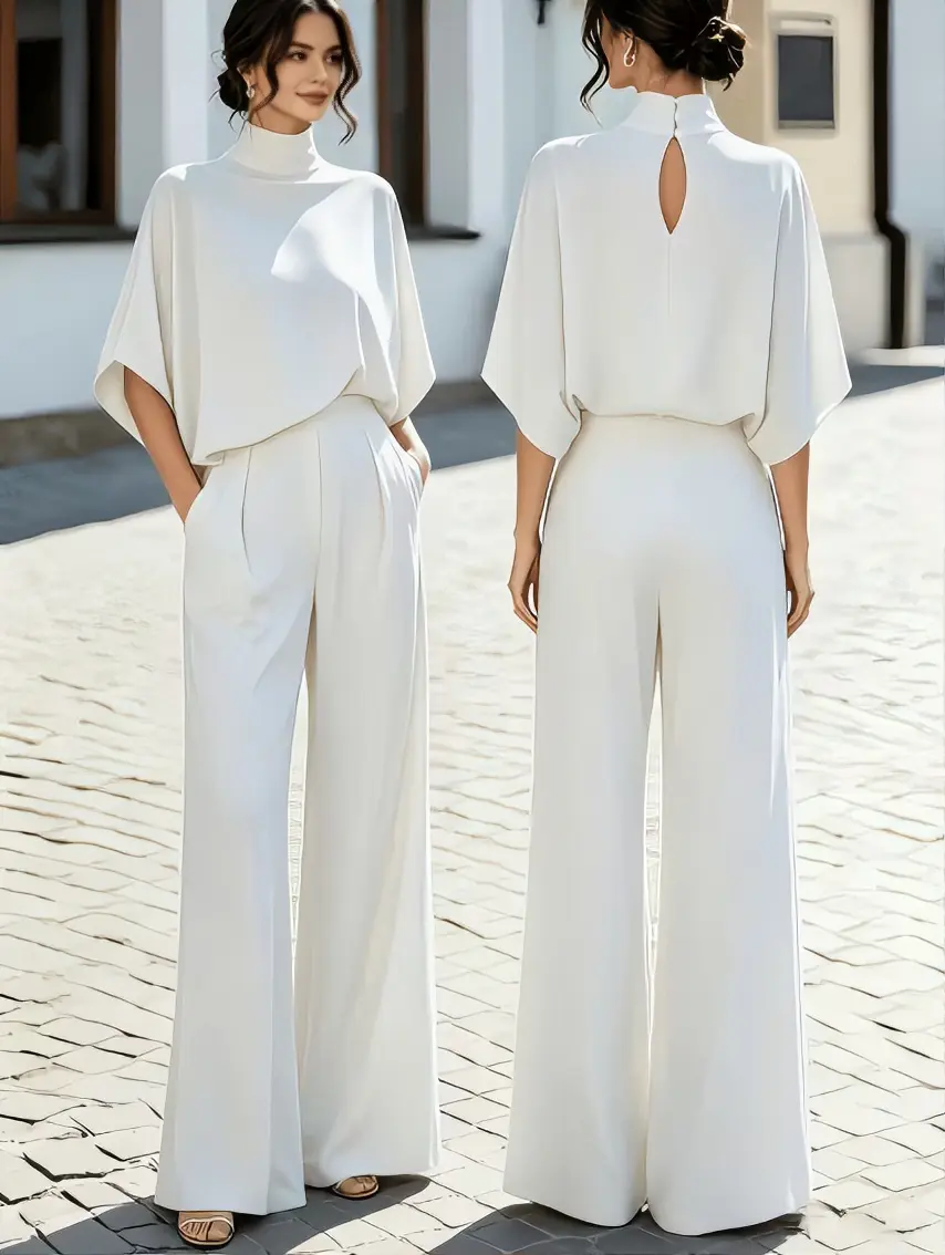 Women 2 Piece Formal Outfit Mock Neck Batwing Sleeve Keyhole Back Blouse And High Waist Pleated Wide Leg Pants Set Elegant Business Suit With Pockets For Office Wedding Guest Banquet Party Ceremony Going‑Out Spring Fall