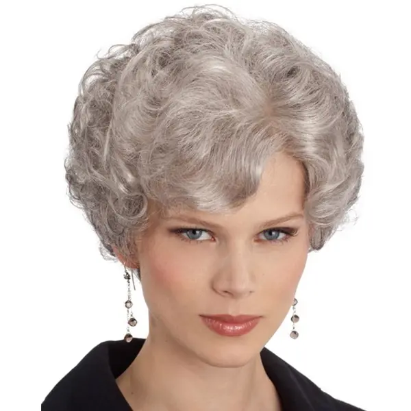 Short Grey Wig for Old Women Silver White Curly Wig with Bangs Heat Resistant Synthetic Curls Hair Replacement Wig Old Lady Costume Grandma Wigs Natural for Daily Party Beginner Friendly Wigs