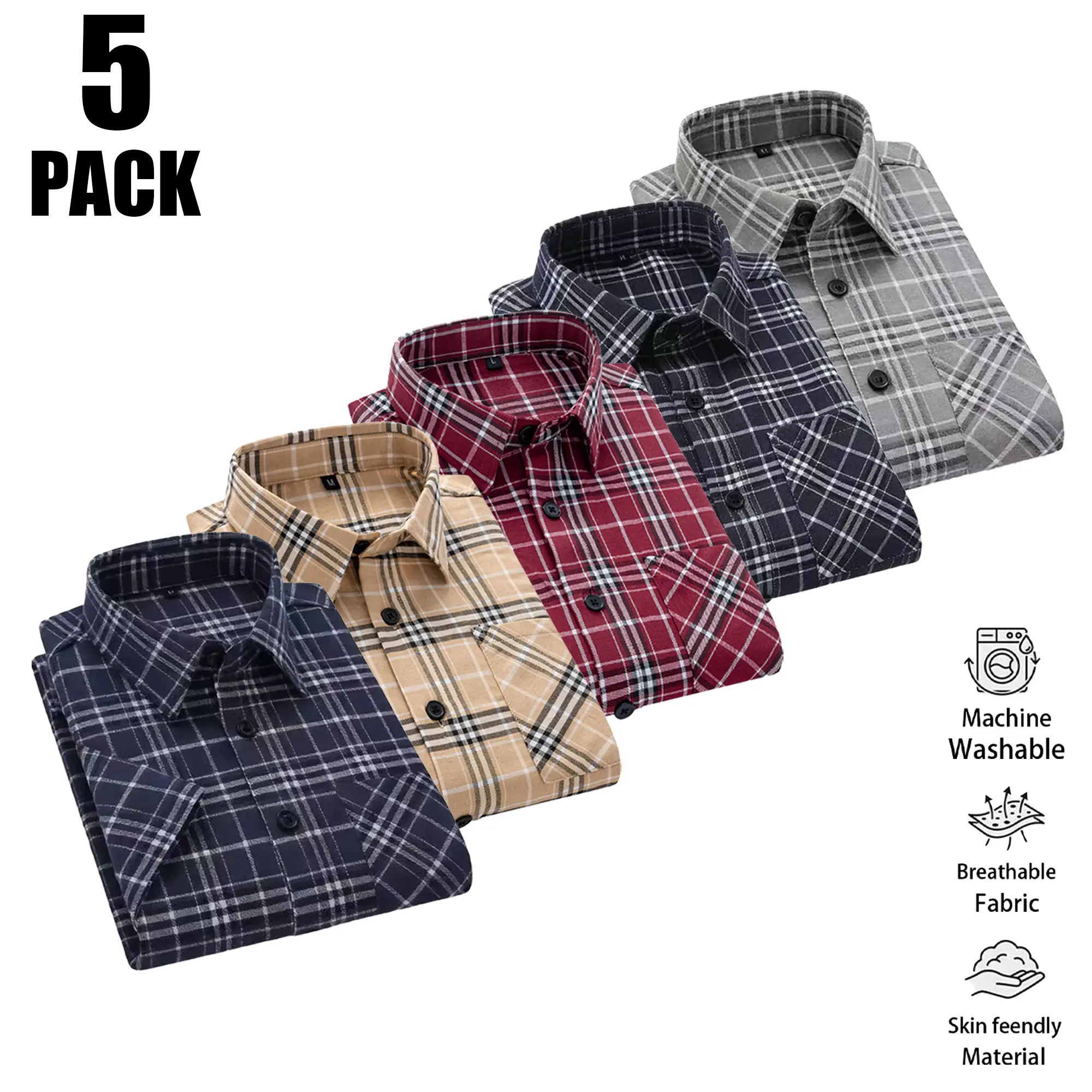 Pack of 5 Men’s Short Sleeve Plaid Shirts – Summer Breathable, Skin-Friendly, Multi-Color Patterns, Casual Turn-Down Collar Tops
