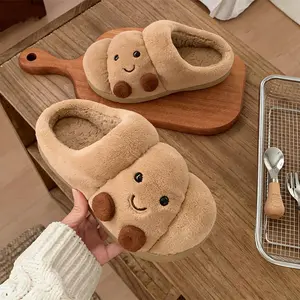 Woman Man Funny Croissant Slippers! Fluffy Thick Plush, Non-Slip Sole, Perfect Winter House Shoes