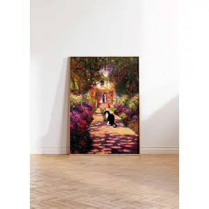 A Pathway in Monet's Garden Giverny Print Monet Art Print Funny Monet Poster Monet Garden with Cat Art Wall Art Poster