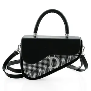 La Marey Black Faux Leather and Rhinestone Sparkling Crossbody Bag with Shoulder Strap