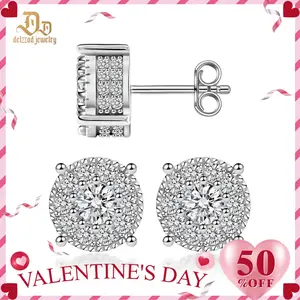 Delzzad 18K Gold-Plated Royal Halo Iced Out Lab-Created Moissanite Stud Earring S925 Sterling Silver Moissanite Jewelry Perfect Birthday Mother’s Day Christmas Gift for Men Women Wedding Set