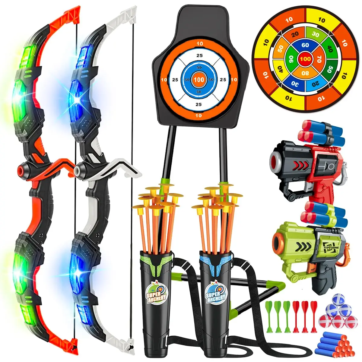 VATOS 2 Pack Bow and Arrow Toy for 5-11 Year Olds, Light Up Archery Toy with Suction Target & 29" Dart Board, Indoor/Outdoor Activity Birthday Toy