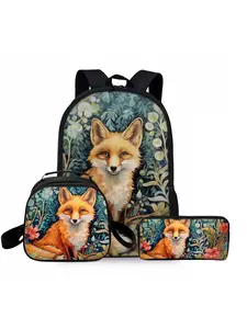 Fox Print Backpack Three-Piece Set Lunch Bag Pencil Case Double Bag